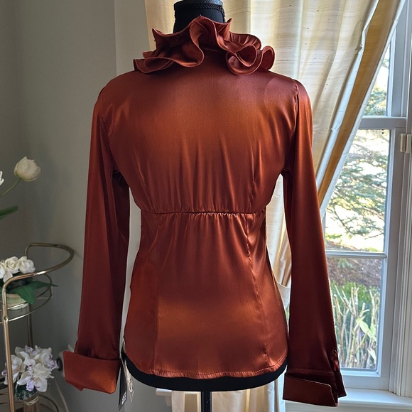 Rinascimento Satin Ruffled Front Button Down Blouse in Burnt Orange NWT - Picture 4 of 6